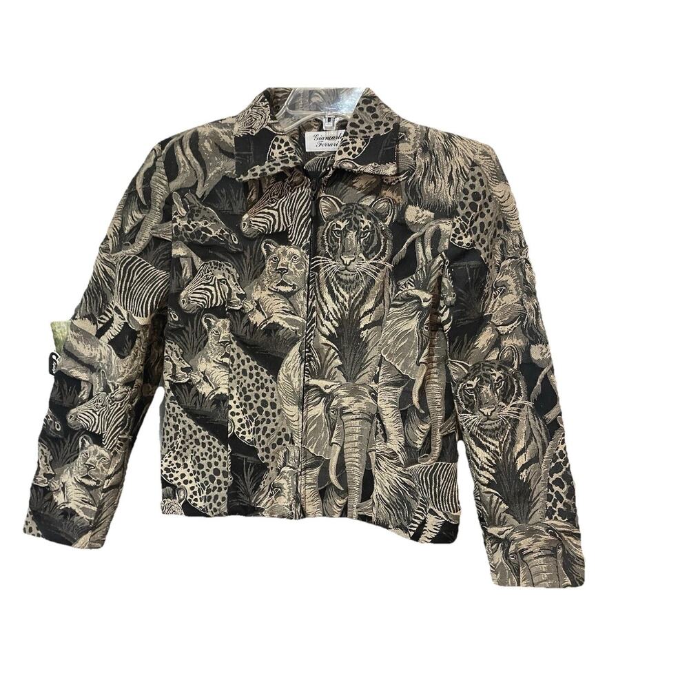 Vtg Giancarlo Ferrari Jungle Safari Black Tan Tapestry Jacket 6 Old Money USA 90
